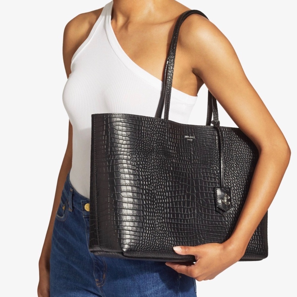 NWT JIMMY CHOO  Black Croc Embossed Leather Tote Handbag with JC Emblem